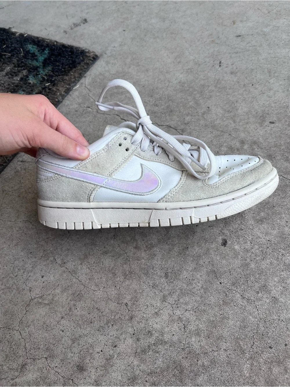 Nike Dunk Low Sneakers - White & Light Gray with Iridescent Swoosh